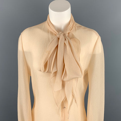 HERMES Size 8 Beige Crepe Silk Tie Neck Blouse
