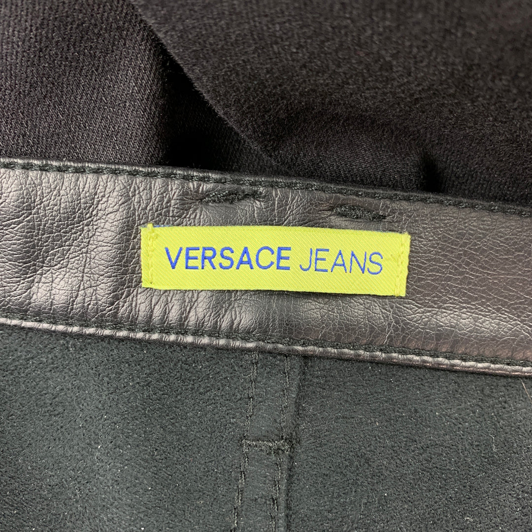 VERSACE JEANS Size 36 Black Cotton / Polyester Leather Trim Zip Fly Jeans
