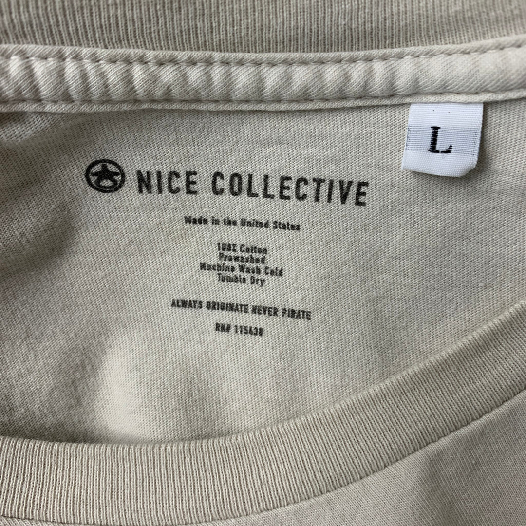 NICE COLLECTIVE Size L Beige Graphic Cotton Crew-Neck T-shirt