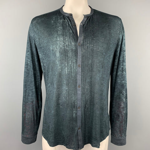 JOHN VARVATOS Camisa Artesanal Talla XL Algodón Jaspeado Jaspeado Marino / Modal Manga Larga