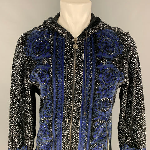 VERSACE Size L Black & White Velvet Cotton / Polyamide Hooded Cardigan