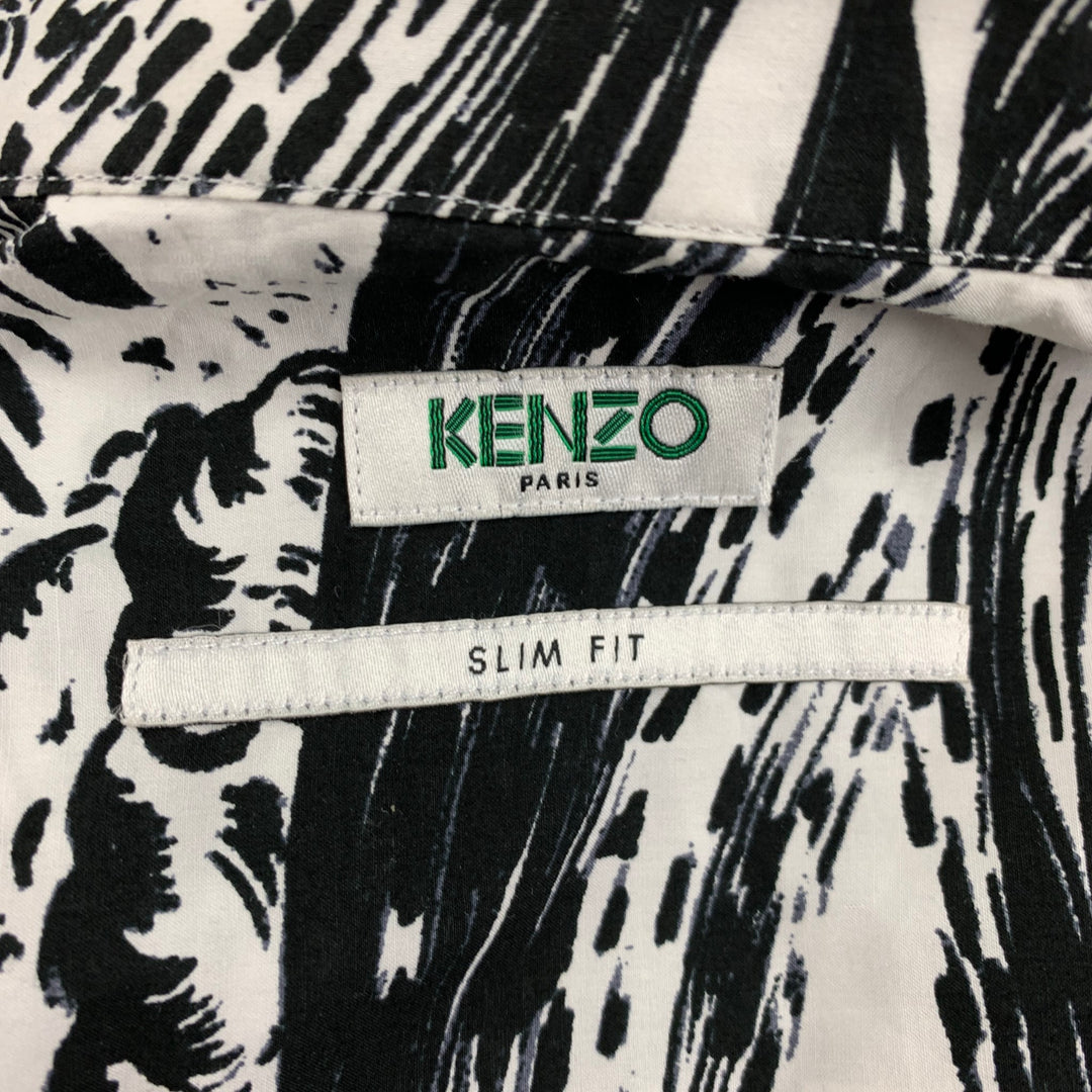 KENZO Size S Black White Print Cotton Nehru Collar Long Sleeve Shirt