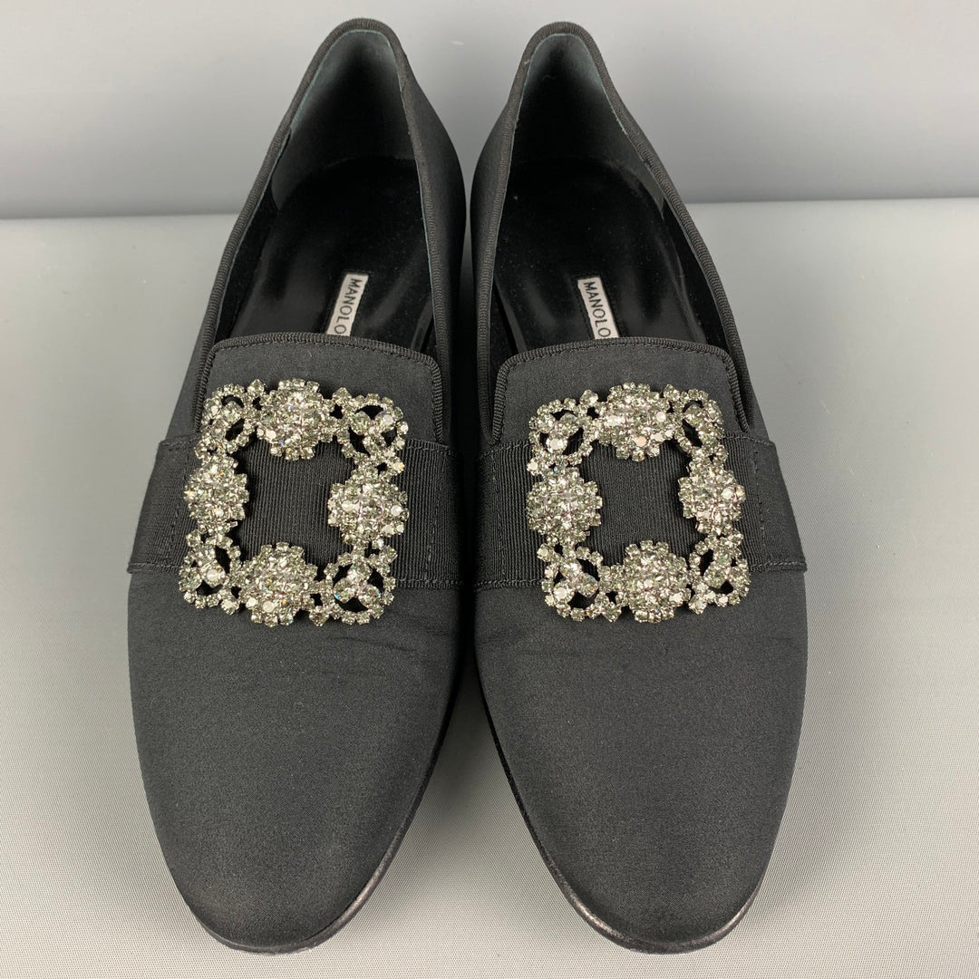 MANOLO BLAHNIK Size 9 Black Applique Silk Slip On Loafers