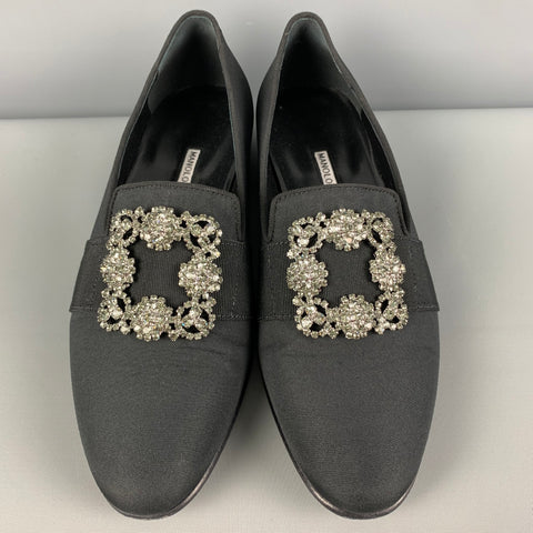 MANOLO BLAHNIK Size 9 Black Applique Silk Slip On Loafers