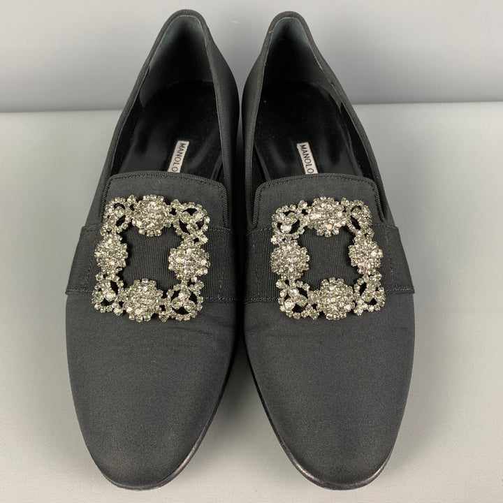 MANOLO BLAHNIK Size 9 Black Applique Silk Slip On Loafers