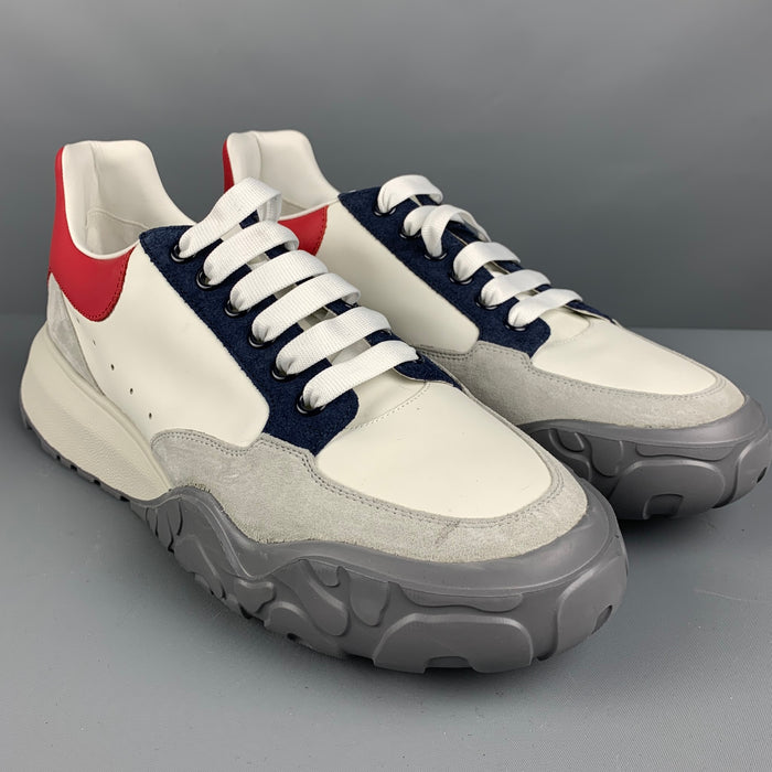 ALEXANDER MCQUEEN Size 11 White Red Blue Color Block Leather Lace Up Sneakers