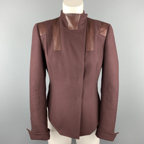 AKRIS Size 8 Burgundy Cashmere Leather Panel High Neck Jacket
