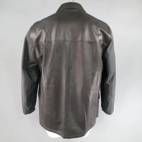 ERMENEGILDO ZEGNA 42 Black Pebbled Leather & Nylon Collared Coat ERMENEGILDO ZEGNA