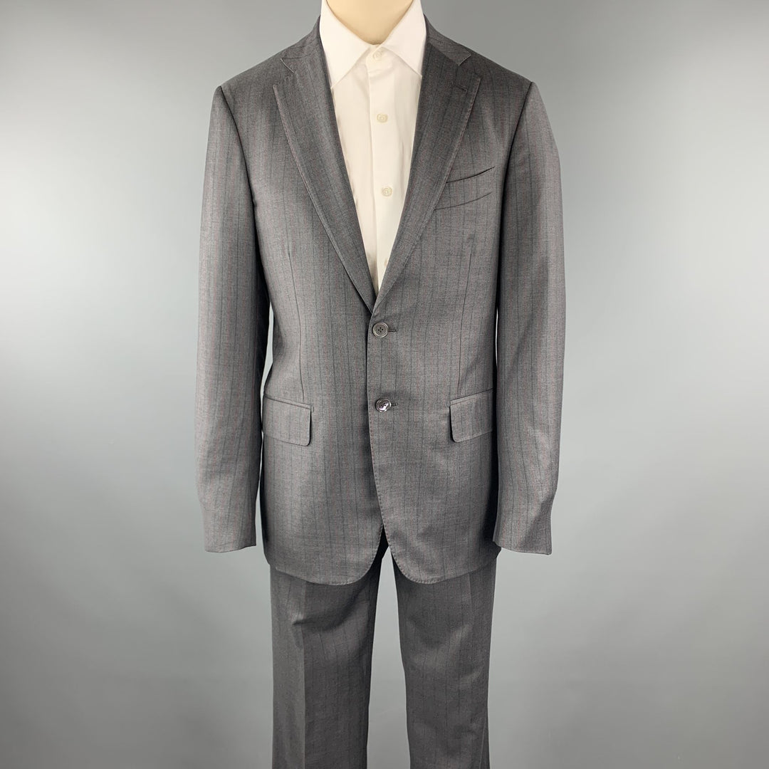 ISAIA Taille 40 Costume à revers cranté en laine gris foncé à rayures régulières