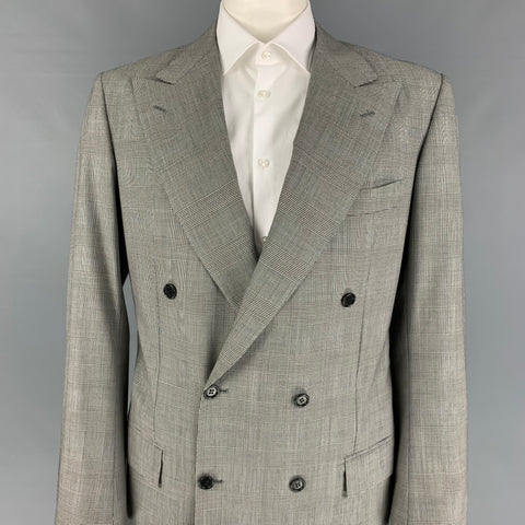 KITON for WILKES BASHFORD Size 44 Black White Glenplaid Wool Double Breasted Sport Coat