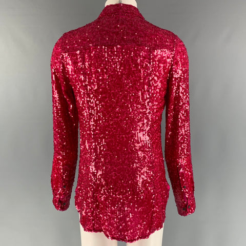 DRIES VAN NOTEN Size S Red Sequined Viscose Hidden Placket Long Sleeve Shirt