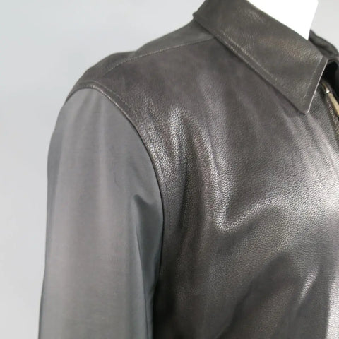 ERMENEGILDO ZEGNA 42 Black Pebbled Leather & Nylon Collared Coat ERMENEGILDO ZEGNA