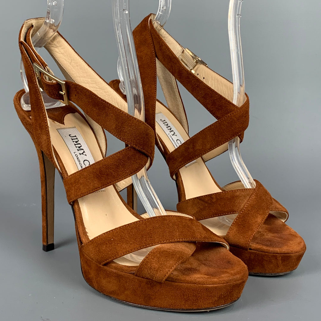 JIMMY CHOO Size 7 Tan Suede Strappy Platform Sandals