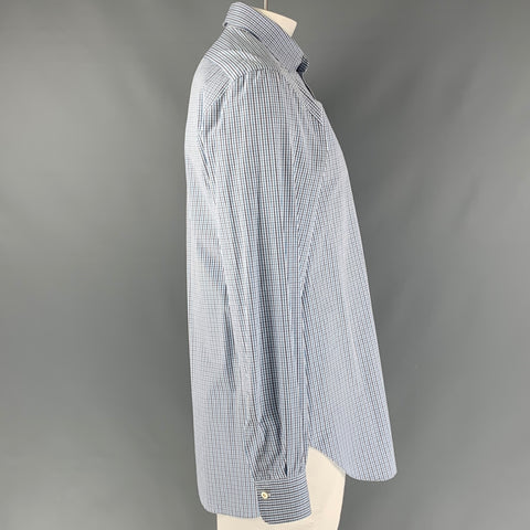KITON Size XL White, Blue & Grey Checkered Cotton Button Down Long Sleeve Shirt