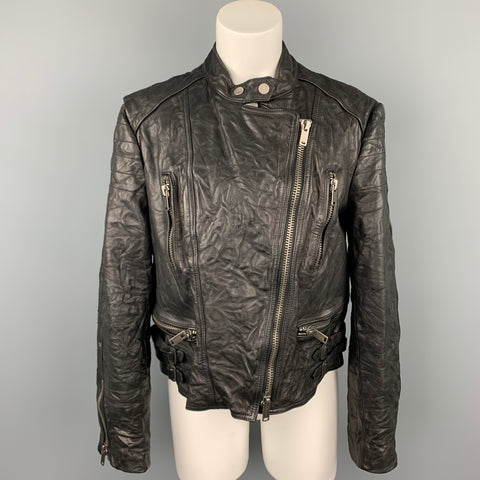 RALPH LAUREN Chaqueta de moto de cuero texturizado negro Talla XL