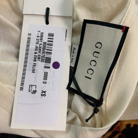 GUCCI Size XS Beige Multi-Color Embroidery Cotton Crew-Neck T-shirt