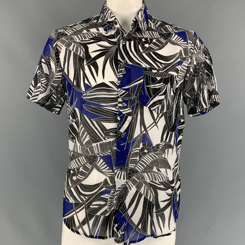 MR TURK Size L Black & Blue Print Cotton Button Up Short Sleeve Shirt