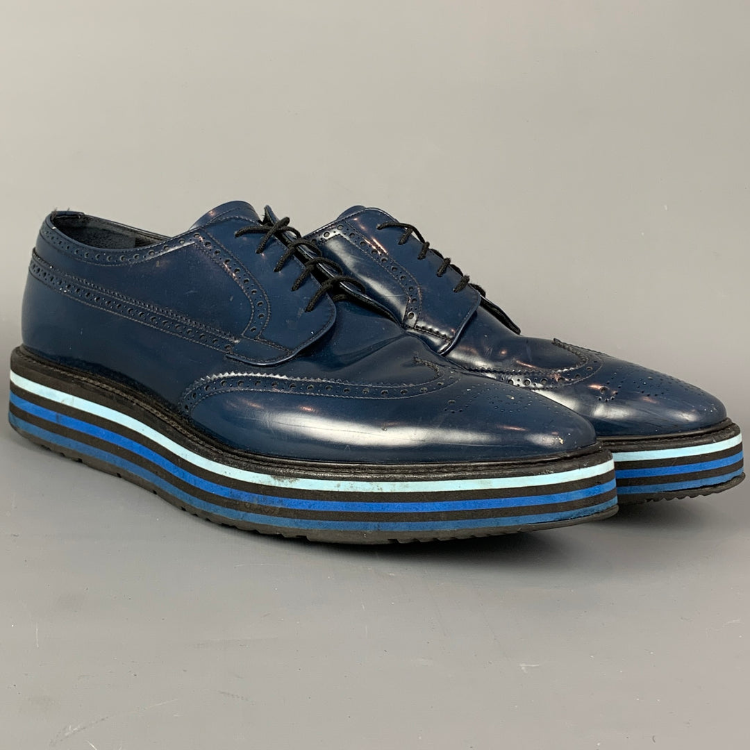 PRADA Size 13 Blue Perforated Leather Wingtip Lace Up Shoes