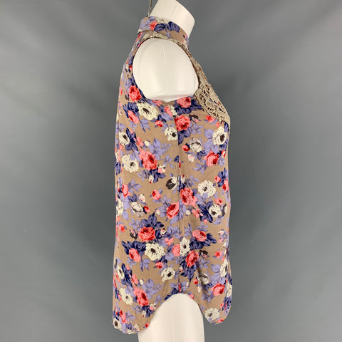PACO RABANNE Blusa sin mangas con estampado floral color topo y morado talla S