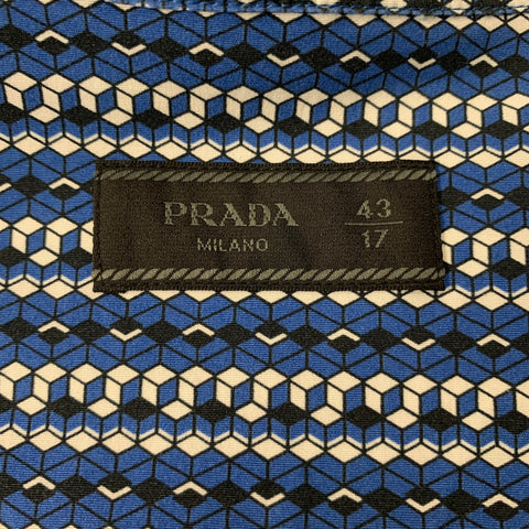 PRADA Size L Blue & White Geometric Button Down Short Sleeve Shirt