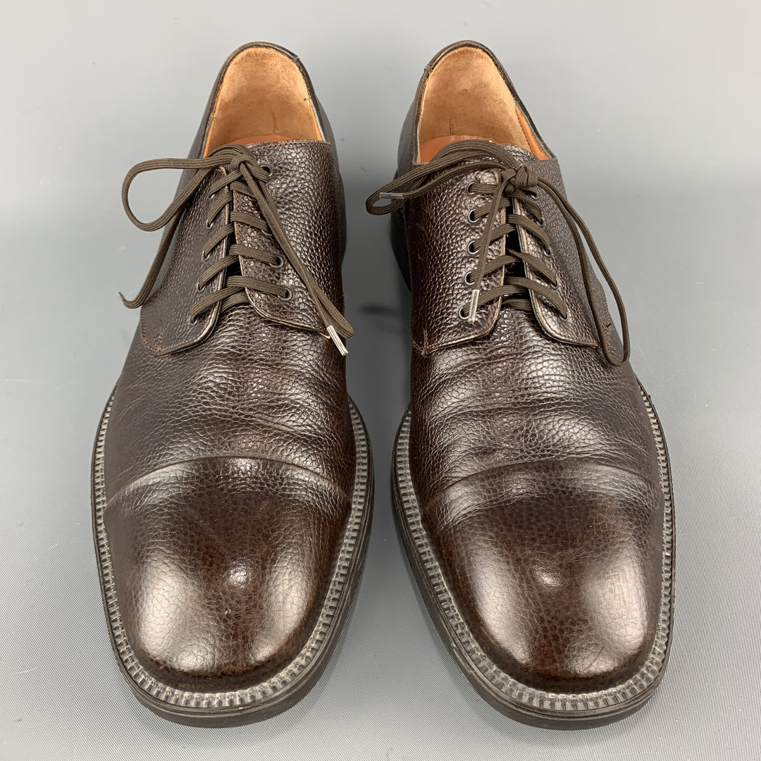 SALVATORE FERRAGAMO Size 11 Brown Textured Leather Cap Lace Up Dress Shoes