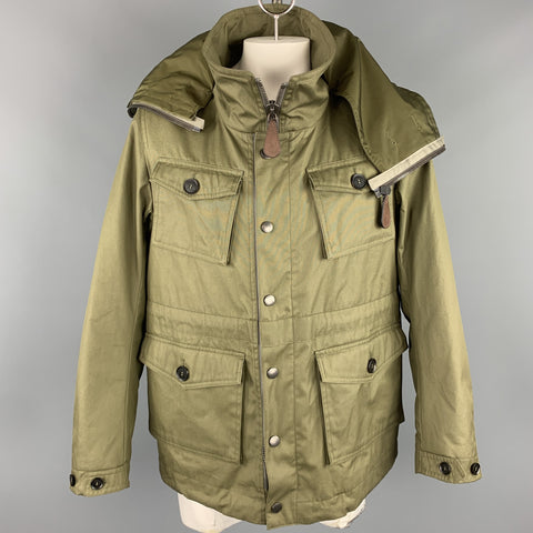 BURBERRY PRORSUM Resort 2013 Size 42 Olive Cotton Zip & Snaps High Collar Hooded Jacket
