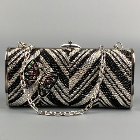 JUDITH LEIBER Silver & Black Chevron Metallic Rhinestones Handbag