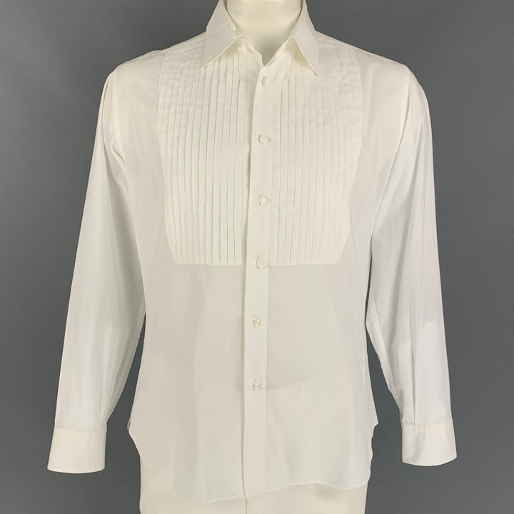 SALVATORE FERRAGAMO Size L White Cotton Tuxedo Long Sleeve Shirt