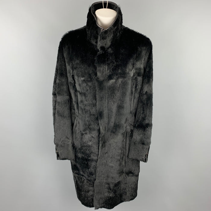 GIORGIO ARMANI Size 40 Black Textured Leather Zip Up Coat