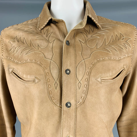 RALPH LAUREN Size L Tan Brown Embroidery Leather Western Long Sleeve Shirt