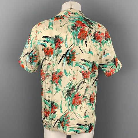 DRIES VAN NOTEN S/S 20 Size XS Beige & Green Beaded Viscose Camp Short Sleeve Shirt