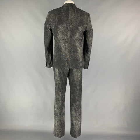 CALVIN KLEIN COLLECTION Size 38 Black & Grey Splattered Cotton Blend Notch Lapel Suit