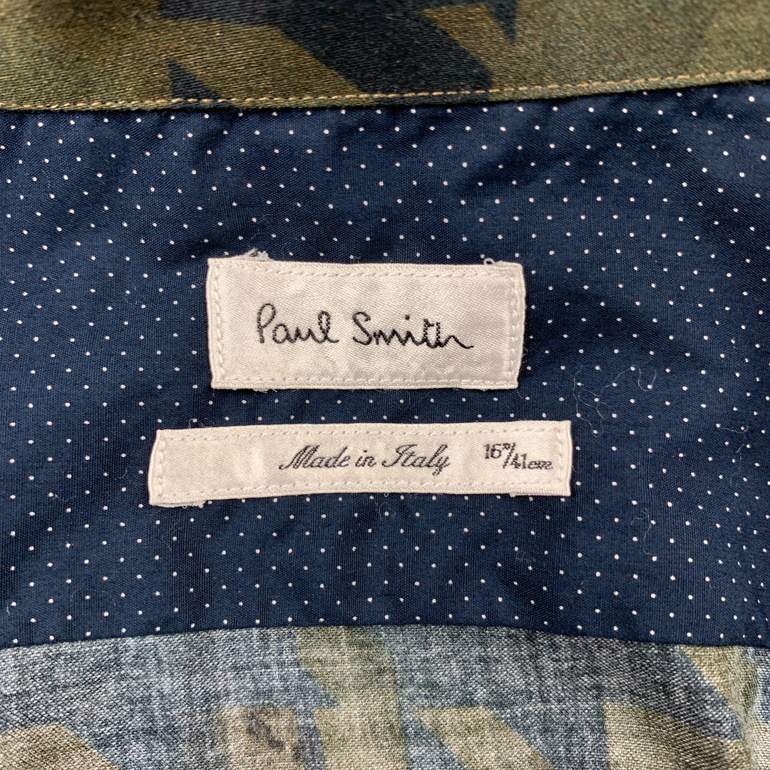 PAUL SMITH Talla M Camisa de manga larga con botones de algodón de pata de gallo verde oliva y negra