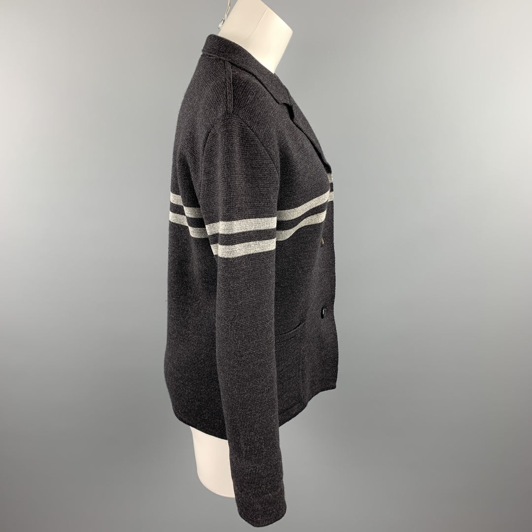 GIULIANO FUJIWARA Taille L Veste boutonnée en laine à rayures tricotées grises