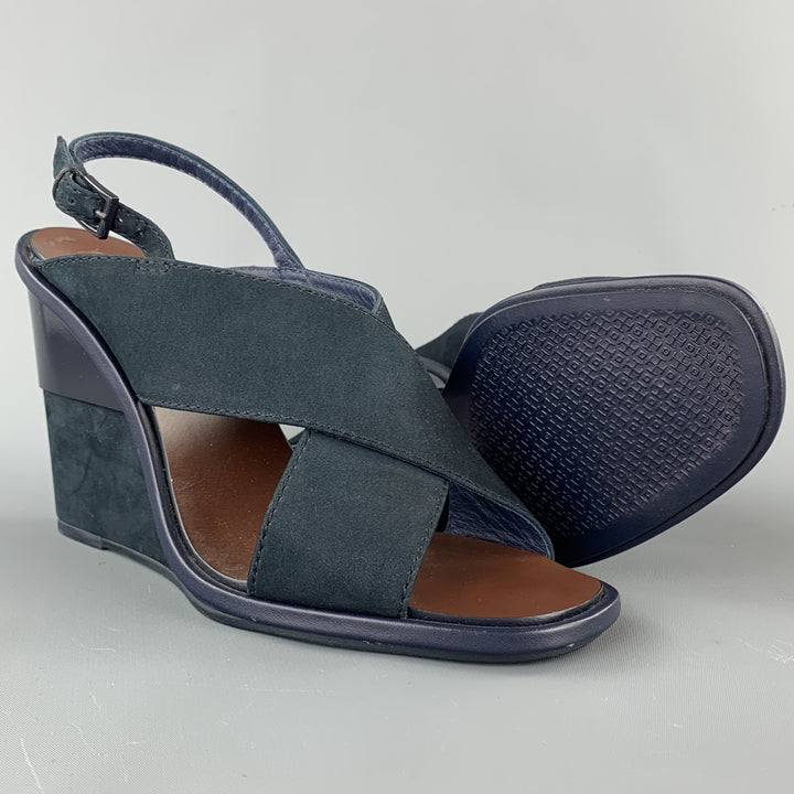 TORY BURCH Size 7 Navy Suede Criss Cross Strap Wedges