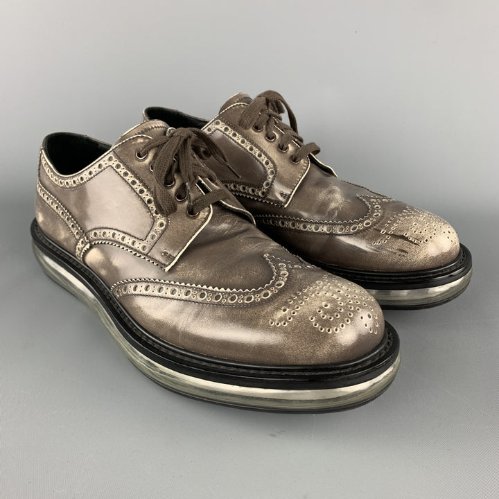 PRADA Levitate Size 10.5 EE Taupe Antique Leather Wingtip Lace Up Shoes