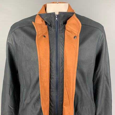 REMY Talla 42 Chaqueta con cremallera de cuero color canela azul marino