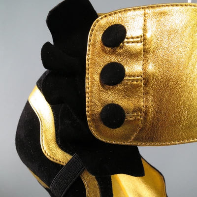 PRADA Spring 2008 Size 6 Black & Gold Suede Ankle Ruffle Cuff Metallic Pumps