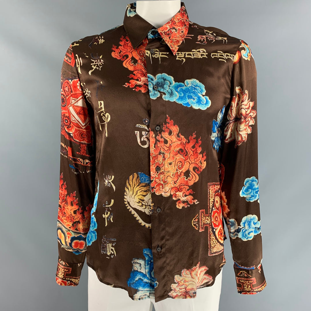 JUST CAVALLI Size L Brown Multicolour Print Silk Button Up Long Sleeve Shirt