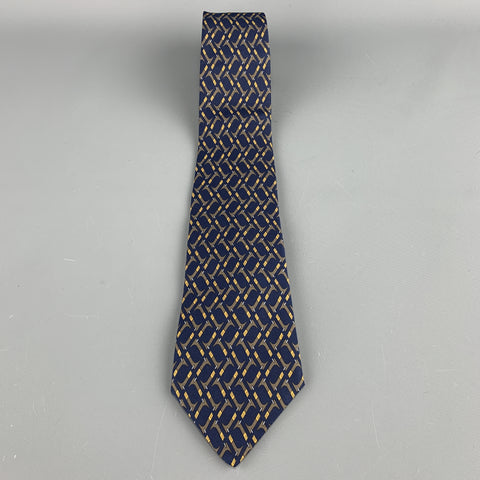 HERMES Print Navy & Brown Abstract Print Silk Tie 7147 FA