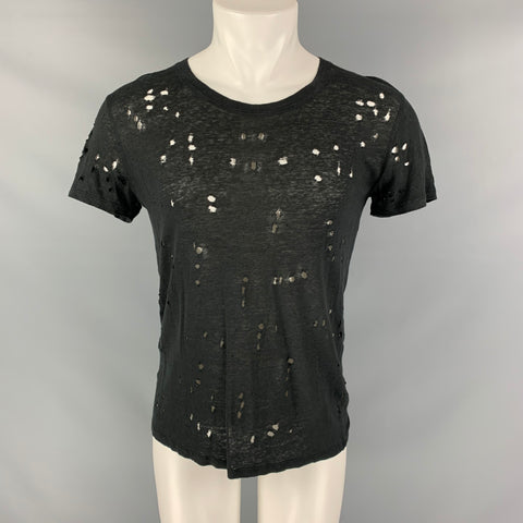 IRO CLAY Size XS Black Linen Distressed Crew-Neck T-shirt