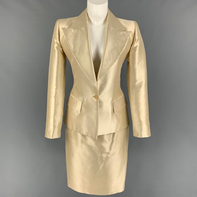 Vintage YVES SAINT LAURENT Size 6 Cream Wool Silk Peak Lapel Skirt Suit