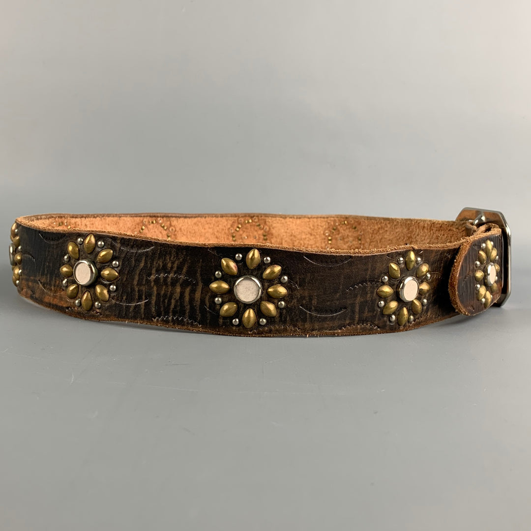 JEFF GALLEA Waist Size 30 Tan Floral Leather Studded Belt