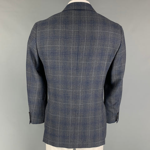 CANALI Kei Size 44 Grey Navy Plaid Wool Single Breasted Sport Coat