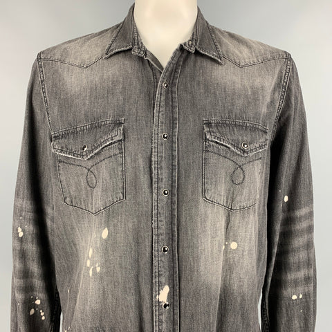 PURPLE BRAND Size XXL Grey Distressed Cotton Western Long Sleeve Shirt