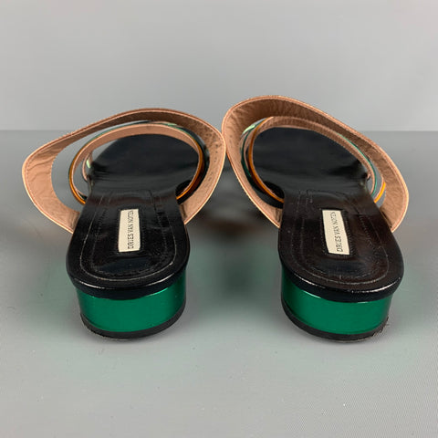 DRIES VAN NOTEN Size 8.5 Black, Gold &  Green Patent Leather Flat Sandals