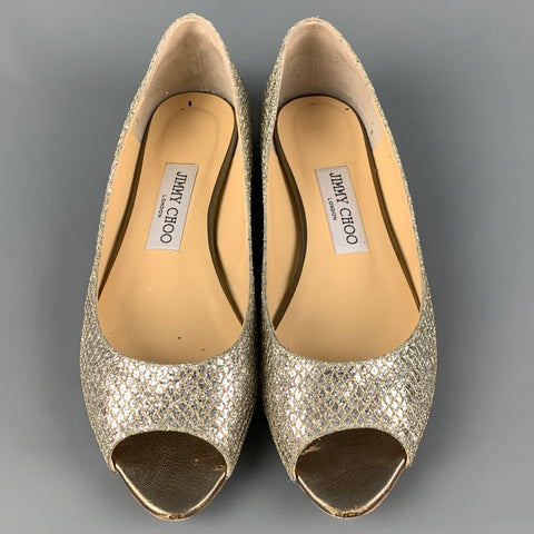 JIMMY CHOO Beck Size 7.5 Champagne Canvas Metallic Peep Toe Flats