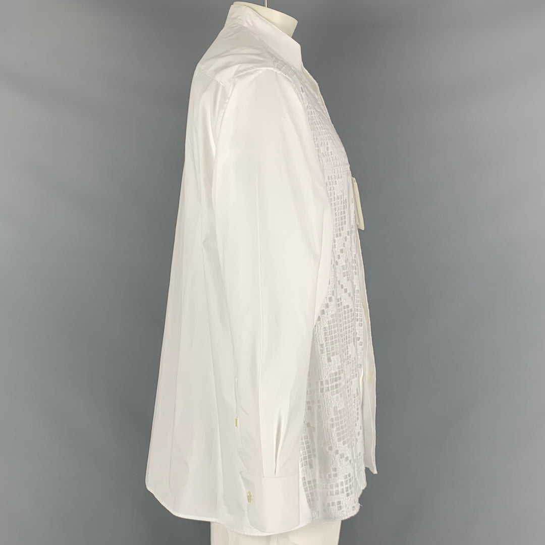 VALENTINO Size 34 White Guipure Cotton Collarless Long Sleeve Shirt