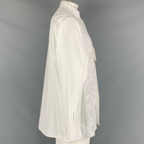 VALENTINO Size 34 White Guipure Cotton Collarless Long Sleeve Shirt