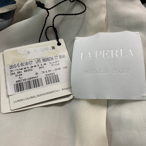 LA PERLA Bata de lino y seda a cuadros, color azul crudo, talla L